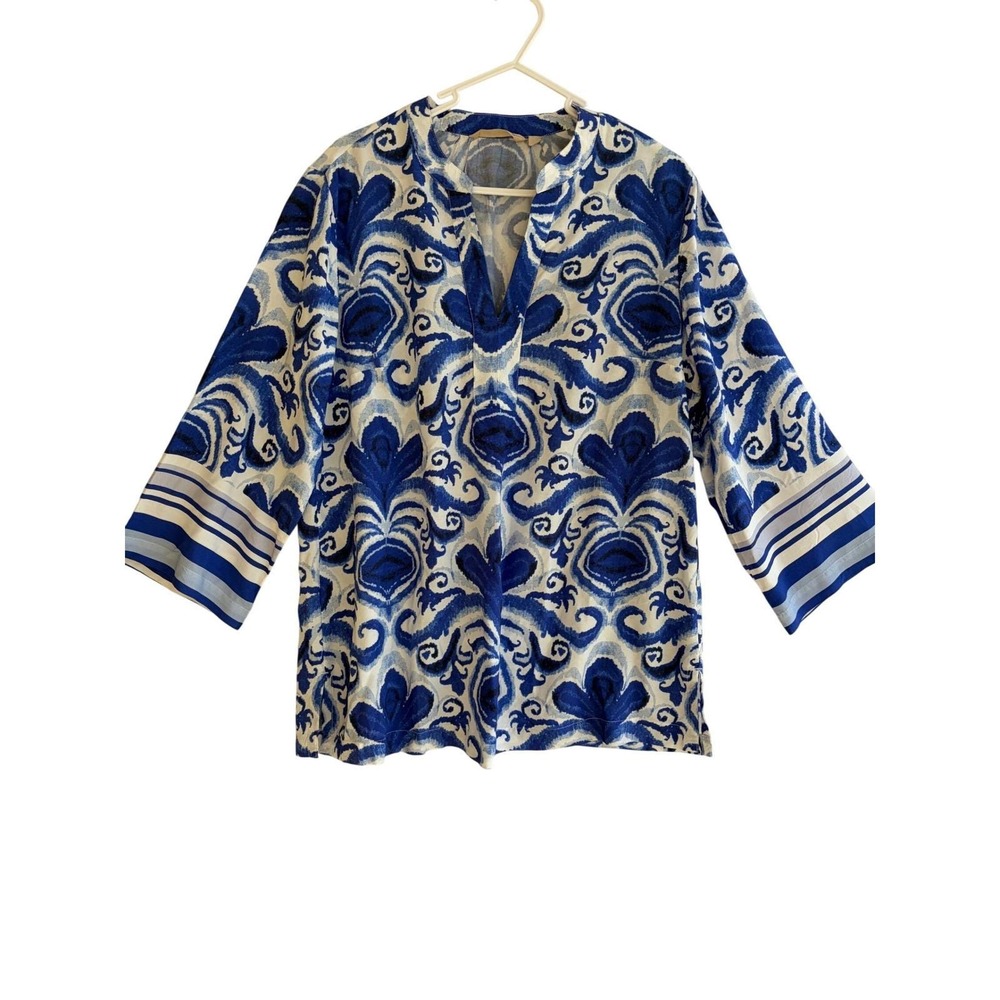 Soft Surroundings Blue White Damask linen blend‎ Top 3/4 Sleeve Womens M resort
